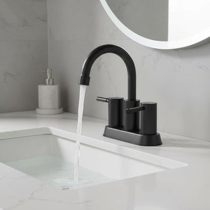 IKEBANA Modern Matte Black Bathroom Faucet, 2 Handle 4 Inch Centerset Sink Faucet, 360° Swivel High-Arc Spout Stainless Steel for RV Vanity Lavatory with Pop-up Drain and Supply Lines