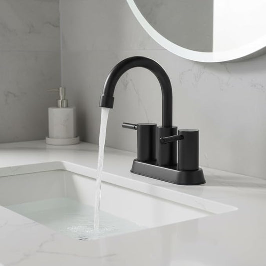 IKEBANA Modern Matte Black Bathroom Faucet, 2 Handle 4 Inch Centerset Sink Faucet, 360° Swivel High-Arc Spout Stainless Steel for RV Vanity Lavatory with Pop-up Drain and Supply Lines