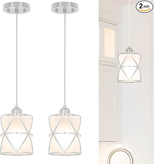 2 Pack Brushed Nickel Pendant Lights for Kitchen Island, Pendant Lights Kitchen Island with 5.51in Frosted Glass Shade, Adjustable Modern Hanging Lights - 59.06 Inch Cord for Dining Room, Entryway