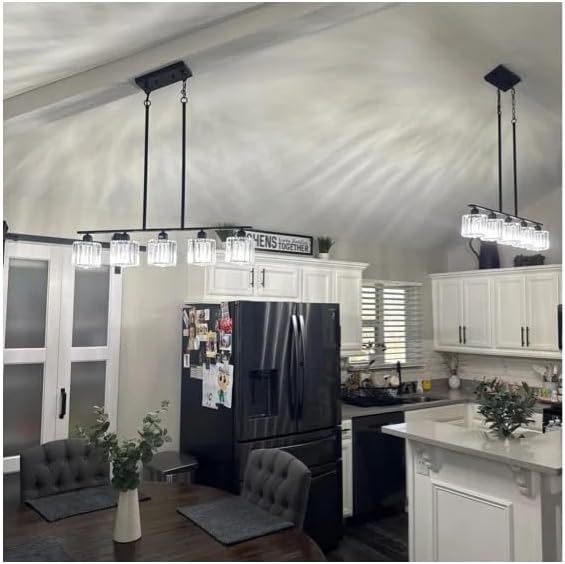 Luxury Crystal Island Lights 5-Light Linear Pendant Kitchen Island Chandelier Lighting for Dining Room Light Fixture Matte Black Finish with Glass Shade 36" L