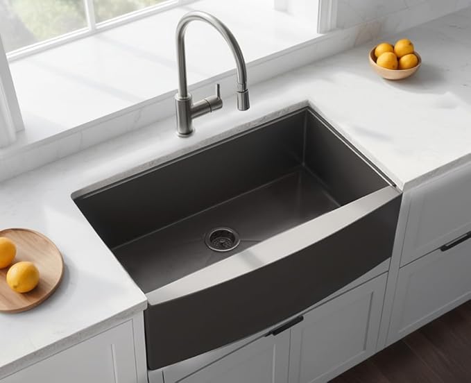 KINGO HOME Black Farmhouse Sink 33 Inch,16 Gauge Undermount Single Bowl 304 Stainless Steel Farmhouse Kitchen Sink, 9 Inch Deep Apron Front Gunmetal Black Farm Sink with drain