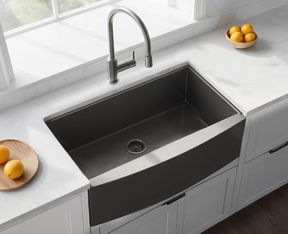 KINGO HOME Black Farmhouse Sink 33 Inch,16 Gauge Undermount Single Bowl 304 Stainless Steel Farmhouse Kitchen Sink, 9 Inch Deep Apron Front Gunmetal Black Farm Sink with drain