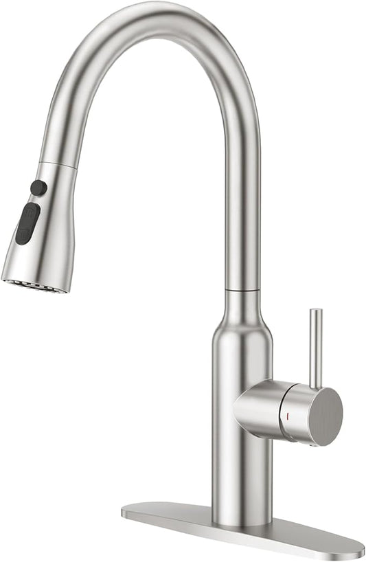 CREA Brushed Nickel Kitchen Faucets with Pull Down Sprayer, Faucets for Kitchen Sink, Small High Arc RV Stainless Steel Single Handle Pull Out Kitchen Sink Faucets, Brushed