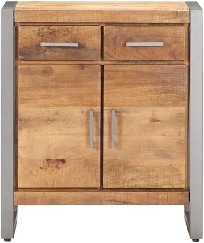 Natural Mango Wood Sideboard, Grey Finish, Industrial Design, 2 Drawers, 2 Doors, 23.6x13.8x28.3in, Living Room Storage Cabinet Furniture Kitchen Furnitur