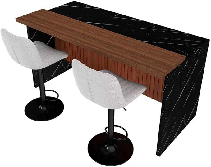 Donext 63 Inch Marble Kitchen Island Dining Sets with LED Lights, Mobile Kitchen Cart Breakfast Bar,2 Modern Bar Stools, MDF Countertop Table with Storage (Black+Beige)