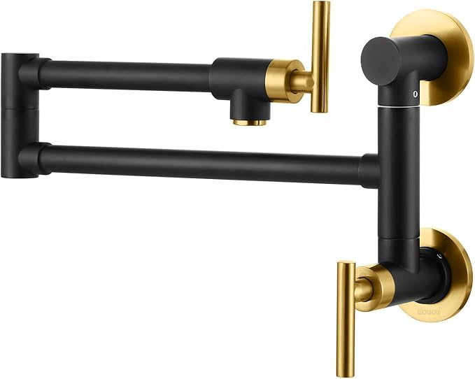 Pot Filler Faucet Black Gold: WOWOW Single Hole Wall Mount Stove Faucet, Solid Brass Pot Filler Two Attachment with Double Joint Swing Arms
