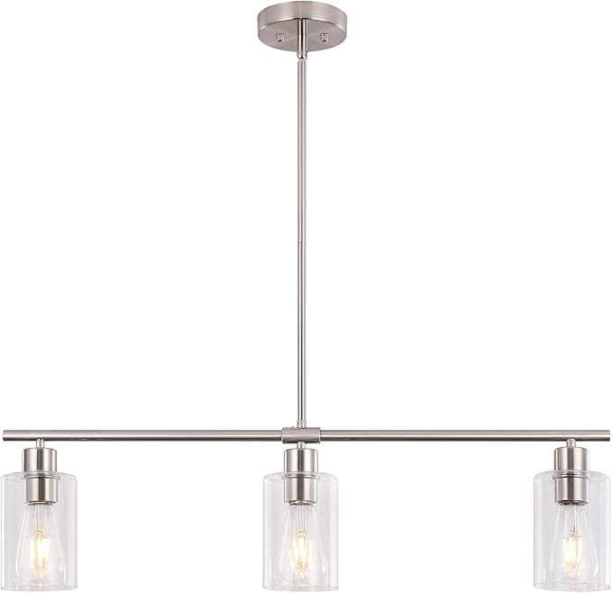 3-Light Modern Chandeliers, Brushed Nickel Kitchen Island Lighting Clear Glass Pendant Lighting Adjustable Height Linear Ceiling Hanging Light Fixture Pendant Light Dining Room Farmhouse