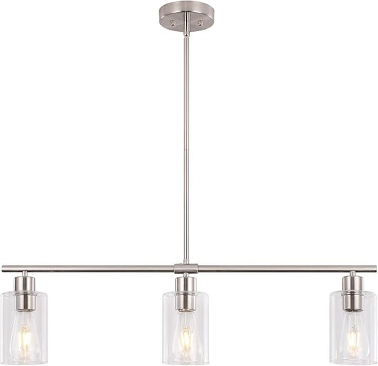 3-Light Modern Chandeliers, Brushed Nickel Kitchen Island Lighting Clear Glass Pendant Lighting Adjustable Height Linear Ceiling Hanging Light Fixture Pendant Light Dining Room Farmhouse