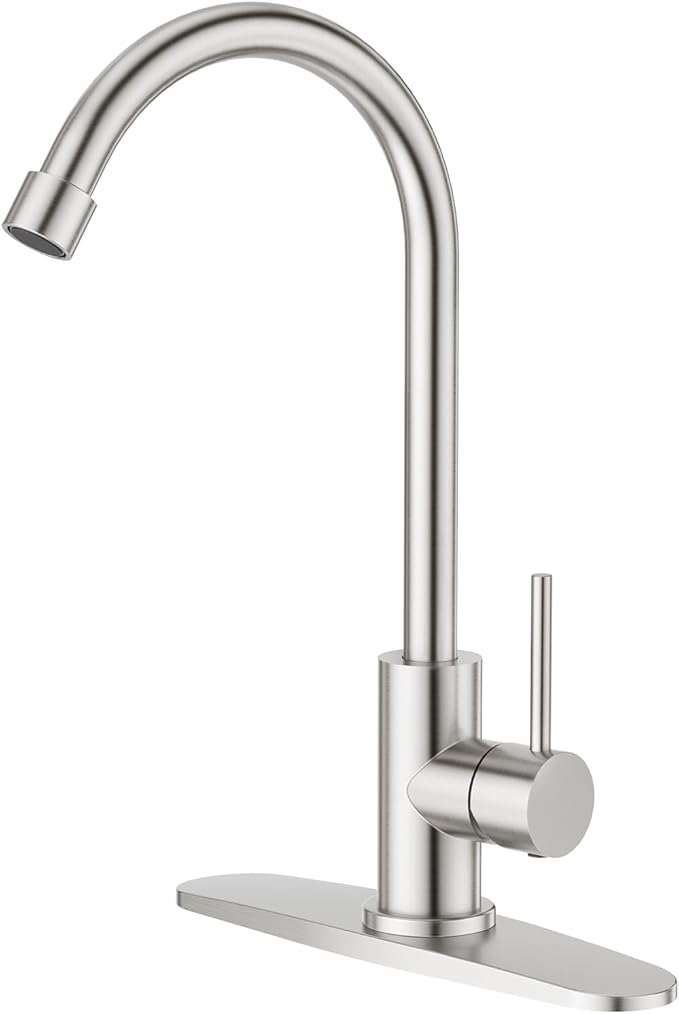 CREA Cold Water Only Brushed Faucet for Kitchen Bar Outdoor Sink 1 Hole 3Holes(with Deck Plate)，High Arc 360°Swivle Single Handle Cold Water Tap Brushed 304 Stainless Steel