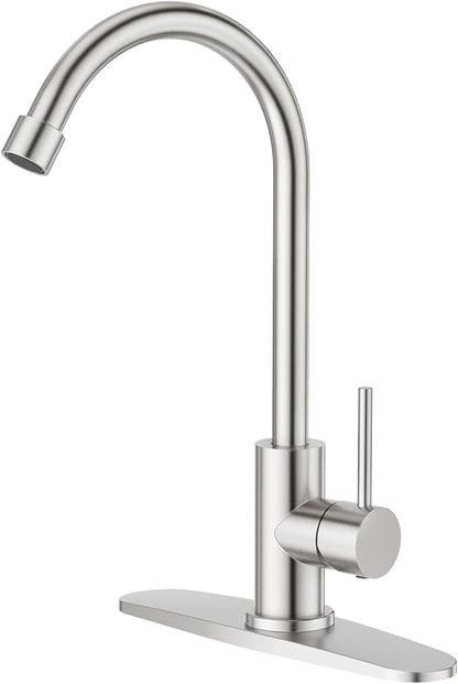 CREA Cold Water Only Brushed Faucet for Kitchen Bar Outdoor Sink 1 Hole 3Holes(with Deck Plate)，High Arc 360°Swivle Single Handle Cold Water Tap Brushed 304 Stainless Steel