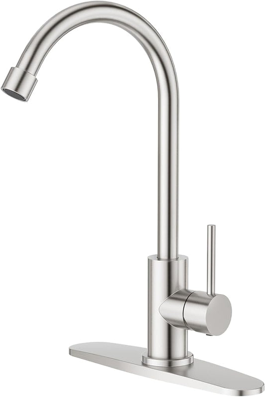 CREA Cold Water Only Brushed Faucet for Kitchen Bar Outdoor Sink 1 Hole 3Holes(with Deck Plate)，High Arc 360°Swivle Single Handle Cold Water Tap Brushed 304 Stainless Steel