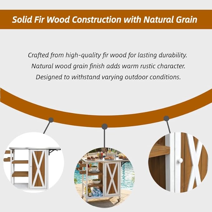 MERITLINE Foldable Outdoor Kitchen Island with Stainless Steel Top, Lockable Rolling Casters & Towel Rack, Mobile BBQ Prep Cart with Open Shelves and Hidden Cabinet for Patio, Balcony, White+Brown