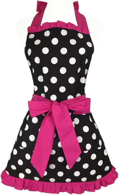 Hyzrz Cute Apron Retro Black Polka Dot Retro Ruffle Side Vintage Cooking Aprons with Pockets for Women Girls (Side Rose Red)