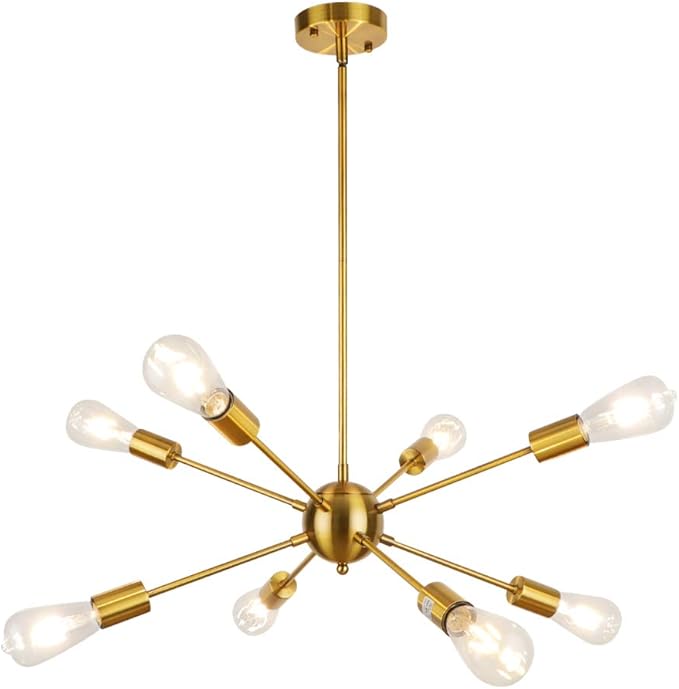 LynPon Gold Sputnik Light Fixture, 8 Lights Plating Golden Chandelier, Modern Dining Room Ceiling Lights Brass Hanging Light Fixtures for Kitchen Living Room Bedroom Entryway Foyer