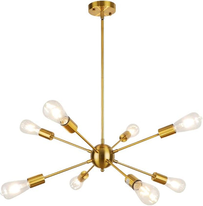 LynPon Gold Sputnik Light Fixture, 8 Lights Plating Golden Chandelier, Modern Dining Room Ceiling Lights Brass Hanging Light Fixtures for Kitchen Living Room Bedroom Entryway Foyer