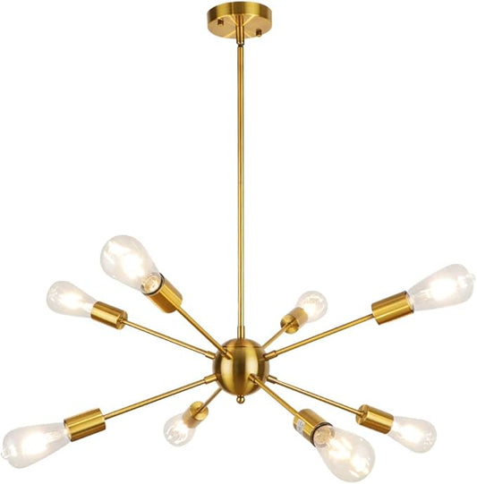 LynPon Gold Sputnik Light Fixture, 8 Lights Plating Golden Chandelier, Modern Dining Room Ceiling Lights Brass Hanging Light Fixtures for Kitchen Living Room Bedroom Entryway Foyer