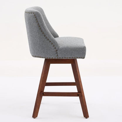 Comfortable Upholstered Swivel Bar Stool with Wooden Legs and Soft Fabric Seat for Kitchen Island or Home Bar Use (Gray + Wood+Fabric + Foam)