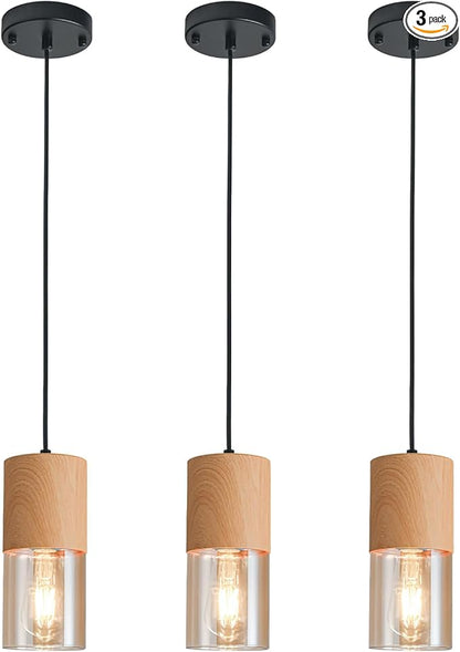 3-Pack Gold Pendant Lights for Kitchen Island, Adjustable Modern Pendant Light Fixtures with Raw Wood Grain, Industrial Amber Glass Pendant Lights for Dining Table Hallway Bedroom Living Room