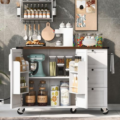 Kitchen Island Cart with Internal Storage Rack, 54.5'' Rolling Kitchen Island Table with Power Outlet, Drop Leaf, Spice/Towel Rack and Drawer, Mobile Kitchen Islands with Storage on Wheels (White)