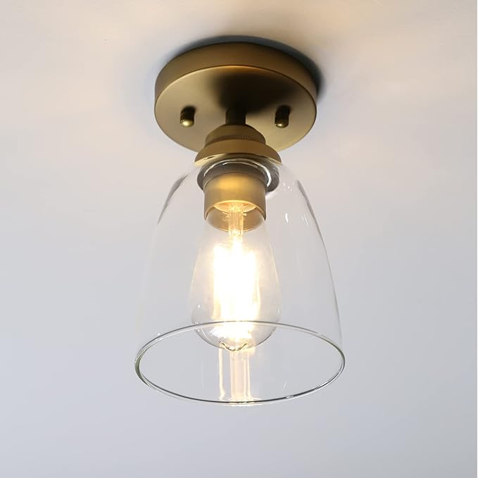Yosoan Retro Semi Flush Mount Ceiling Light, 1-Light Vintage Industrial Hardwired 5.51'' Oval Cone Glass Shade for Kitchen Bathroom Cafe Corridor Hallway Entryway Passway(Antique)