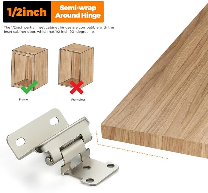 Ravinte 10 Pack 5 Pairs Semi-Overlay 1/2 inch Self-Closing Face Frame Cabinet Hinges Satin Nickel Half Wrap-Around Kitchen Cabinet Door Hinges Face Mount Cabinet Hardware