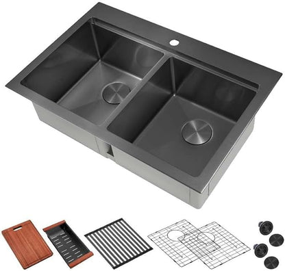 33 Inch Black Sink Drop-In Topmount Double Bowl, 16 Gauge 50/50 Double Bowl Stainless Steel Workstation Sink, 33" x 22" x 10" Large and Deep Kitchen Sink With Accessories