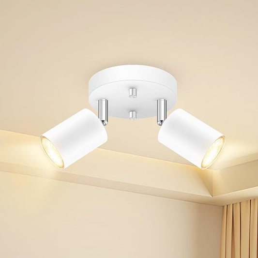 BoostArea LED 2 Light Track Lighting Kit, LED Track Lighting Fixtures, White Round Ceiling Spot Lighting, Flexibly Rotatable Light Head for Kitchen, Living Room, Bedroom, GU10 Bulb Not Included