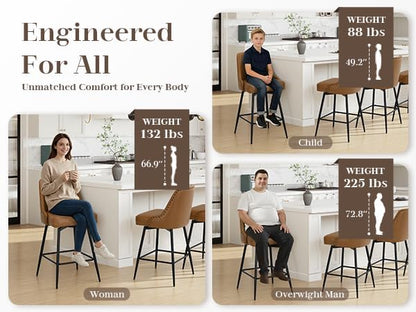 MALOL Bar Stools Set of 6, 26" Swivel Counter Height Chairs with Back,Thick Padded Seat & Footrest,Modern Faux Leather Barstool for Kitchen Island,Dining Room,Pub,Brown