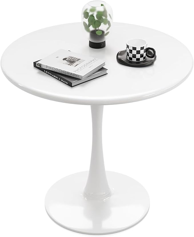 Recximi White Round Dining Table for 2 Person, 24 Inch Small Tulip Table with Metal Pedestal for Living Room, Mid Century Modern Kitchen Table for Kitchen, Office, Pub, Bar, Bistro, Circle Cafe Tables