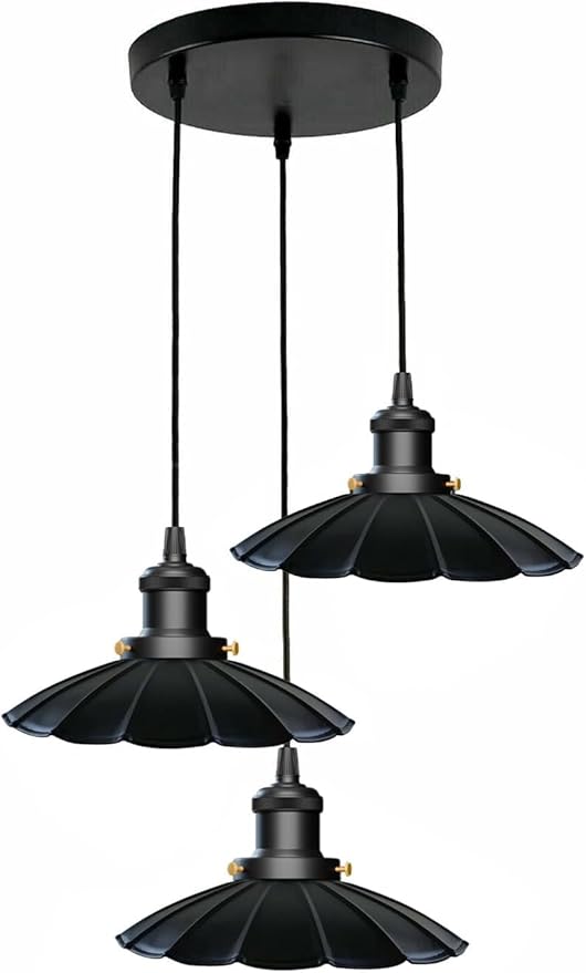 3-Lights Industrial Pendant Light with E26 Base Metal Umbrella Shade Pendant Lighting Adjustable Industrial Retro Style Hanging Light Fixture for Kitchen, Farmhouse (3 Way Black)