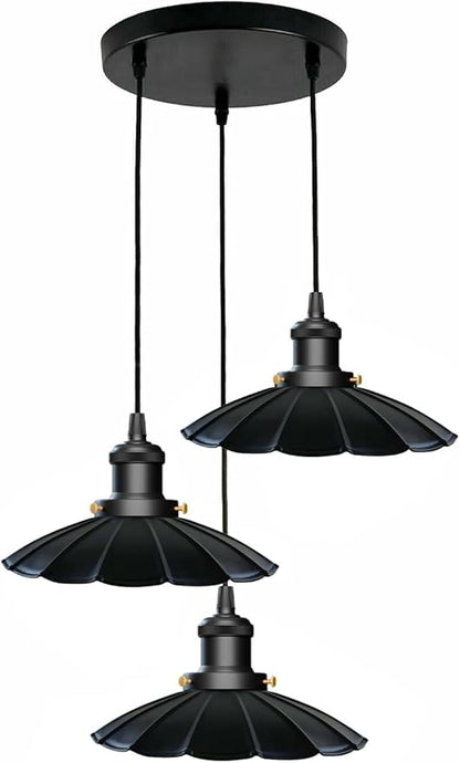 3-Lights Industrial Pendant Light with E26 Base Metal Umbrella Shade Pendant Lighting Adjustable Industrial Retro Style Hanging Light Fixture for Kitchen, Farmhouse (3 Way Black)