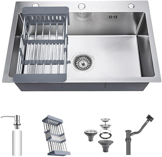 31.5 * 17.7in Drop In Kitchen Sink with 3 Holes,Silver Gray Topmount Stainless Steel Single Bowl Sinks With Drain basket & Soap dispenser