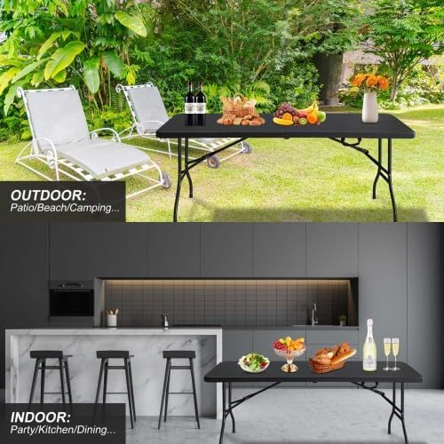 GlowSol Folding Table 6FT, Heavy Duty Portable Plastic Folding Table with Handle, Anti-Slip Feet, Waterproof, Easy to Clean, 300LBS Capacity, Foldable for Indoor Outdoor Use, Black