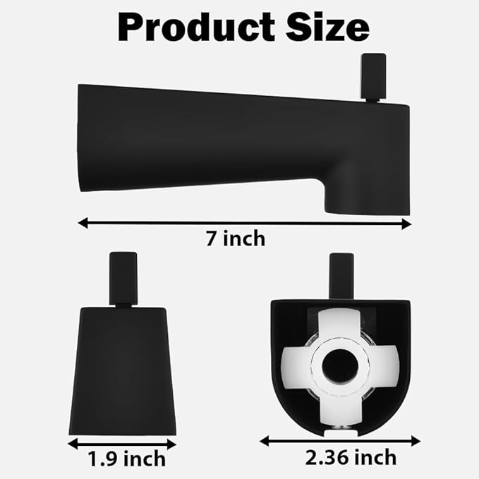 Kedra 7-Inch Tub Spout, Extra-Long Slip On Diverter Tub Spout, Replacement Bathtub Spout with Diverter, Matte Black (for 1/2" Copper Water Tube)