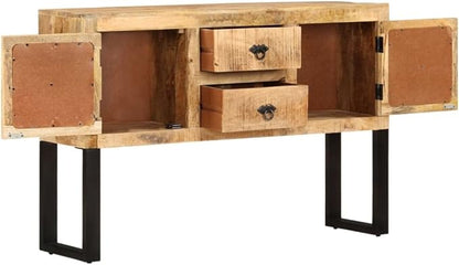 Industrial Style Mango Wood Sideboard, Rough Finish, 43.3" Wide, Living Room Buffet Cabinet with 2 Doors & 2 Drawers, Polished Brown Storage Furniture Kitchen Furnitur