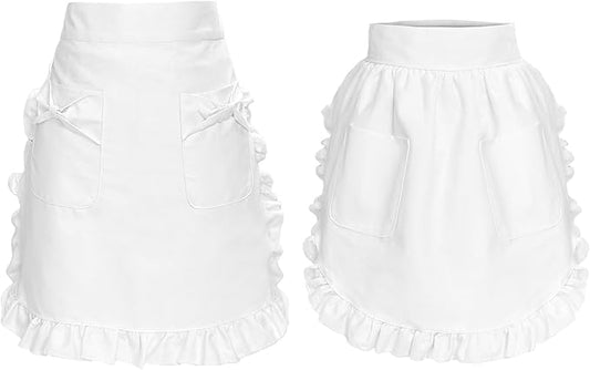 Cityelf Vintage White Apron Maid Pioneer Costume Victorian Style Cotton 50’s Ruffle Dress Apron with Long Ties and Pockets