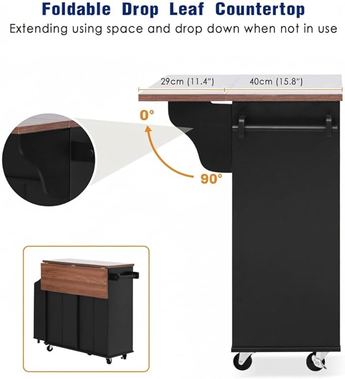 47.2" Kitchen Island with Drop Leaf, Portable Kitchen Cart with Trash Storage Cabinet & Removable Side Racks, 2 Drawers, Rolling Island Table on Wheels with Towel Rack, Black