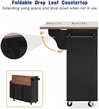 47.2" Kitchen Island with Drop Leaf, Portable Kitchen Cart with Trash Storage Cabinet & Removable Side Racks, 2 Drawers, Rolling Island Table on Wheels with Towel Rack, Black