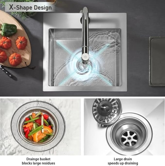 15 Inch Drop In Bar Sink，18-Gauge Small Kitchen Sink Stainless Steel with 3D Embossed Texture，Single Bowl Square Design