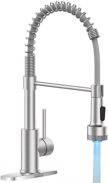 LED Light Kitchen Faucet with Pull Down Sprayer Sus304 Stainless Steel Industrial Single Handle Faucet for Farmhouse Camper Laundry Utility Rv Wet Bar Sinks Brushed Nickel 9003SN