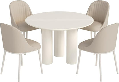 Miuuod 46in White Round Dining Table with 4 Chairs,Sturdy Kitchen Table,Large Center Coffee Table Set for 2-6 People,Leisure Round Table for Balcony Dining Room,Living Room
