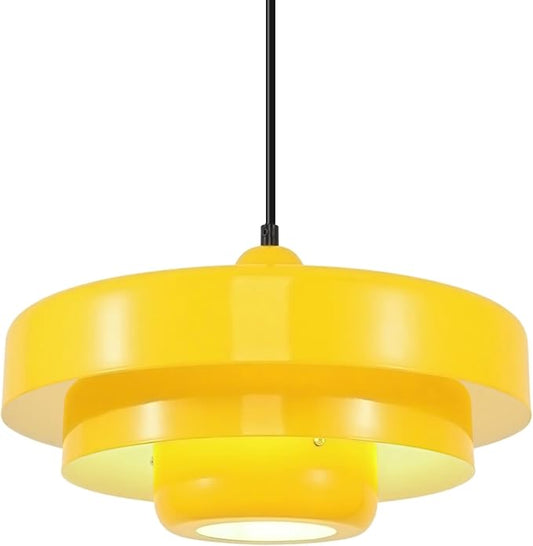 Mid Century Yellow Flush Mount Pendant Light, 3-Layer Metal Industrial Chandelier for Kitchen Island, Dining Room, Foyer, Retro Vintage Ceiling Light Fixture