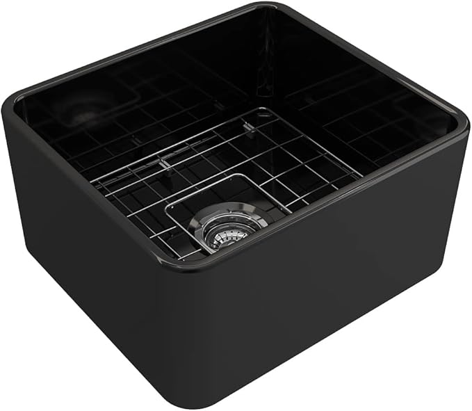 BOCCHI Classico Farmhouse Apron Front Fireclay 20 in. Single Bowl Kitchen Sink with Protective Bottom Grid and Strainer in Black