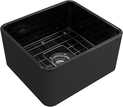 BOCCHI Classico Farmhouse Apron Front Fireclay 20 in. Single Bowl Kitchen Sink with Protective Bottom Grid and Strainer in Black