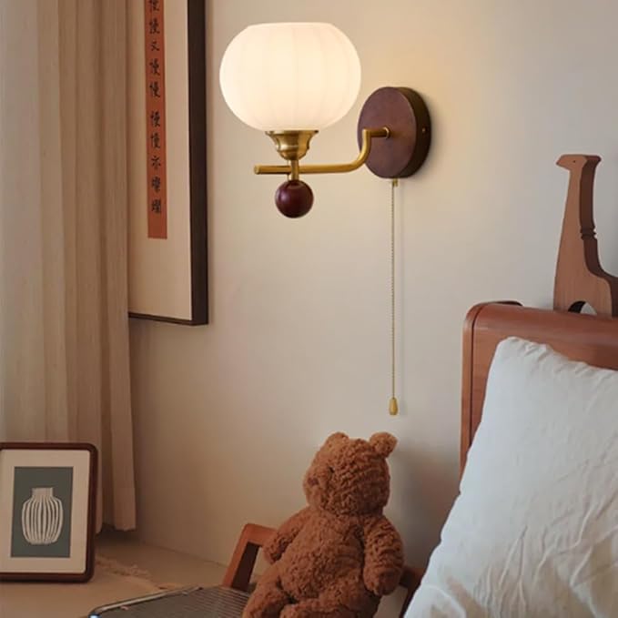 Solid Wood Wall Light Retro Wall Sconce with Pull Chain Switch, Bathroom Vanity Light Fixture, Glass Shade Wall Lamps for Living Roon Halklway Bedroom, E27 Haedwired