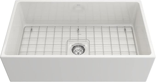 BOCCHI Contempo Apron Front Fireclay 33 in. Single Bowl Kitchen Sink in White with Chrome Faucet