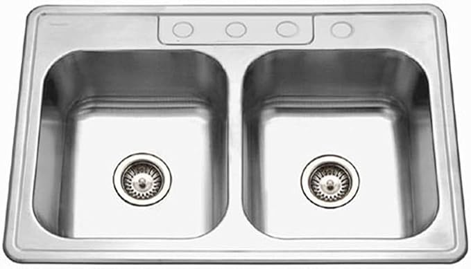 Houzer Glowtone Stainless Steel Kitchen Sink: 33 Inch Drop-in Topmount 4-Hole 50/50 Double Bowl, Durable & Versatile, Essential for Home & Apartment: 3322-9BS4-1