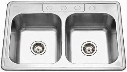 Houzer Glowtone Stainless Steel Kitchen Sink: 33 Inch Drop-in Topmount 4-Hole 50/50 Double Bowl, Durable & Versatile, Essential for Home & Apartment: 3322-9BS4-1