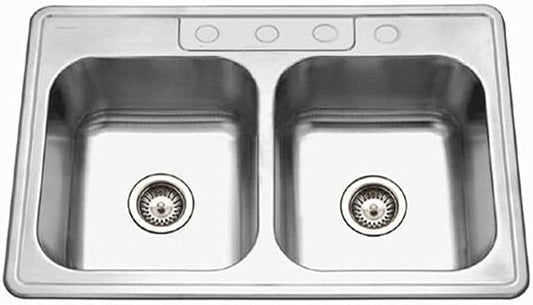 Houzer Glowtone Stainless Steel Kitchen Sink: 33 Inch Drop-in Topmount 4-Hole 50/50 Double Bowl, Durable & Versatile, Essential for Home & Apartment: 3322-9BS4-1