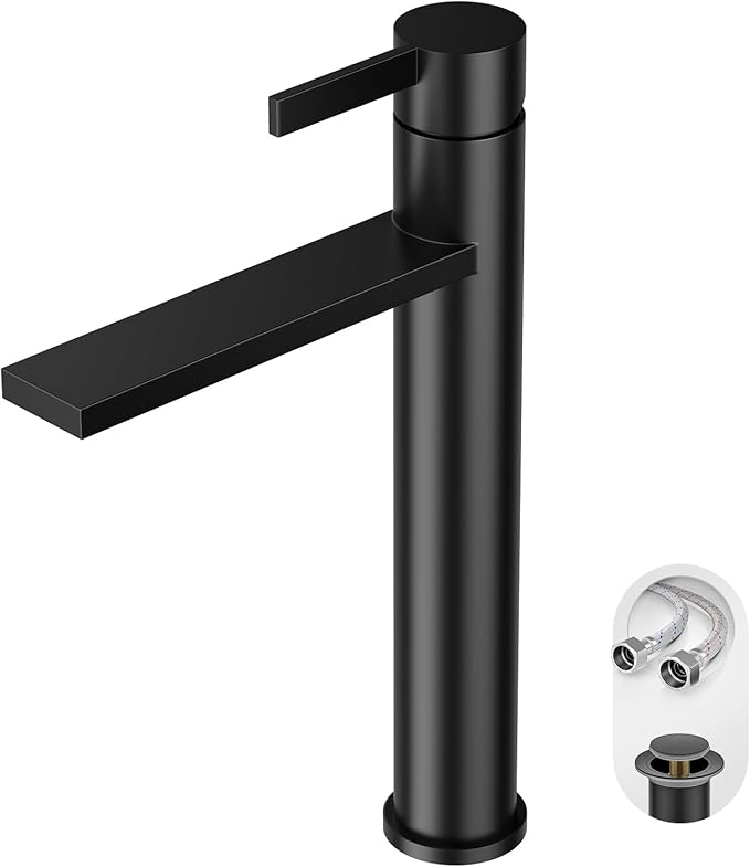 Phiestina Matte Black one Hole Tall Bathroom Vessel Sink Faucet, Single Hole Single Handle Vanity Bathroom Faucet, with Pop Up Drain and Water Supply Line, FH02-MB-V
